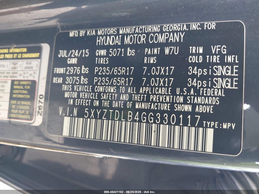 2016 Hyundai Santa fe VIN 5XYZTDLB4GG330117 IAAI salvage auction — ENGINE BURN, Clear (Massachusetts), sold $425 on 2026-07-24 (photo 9)
