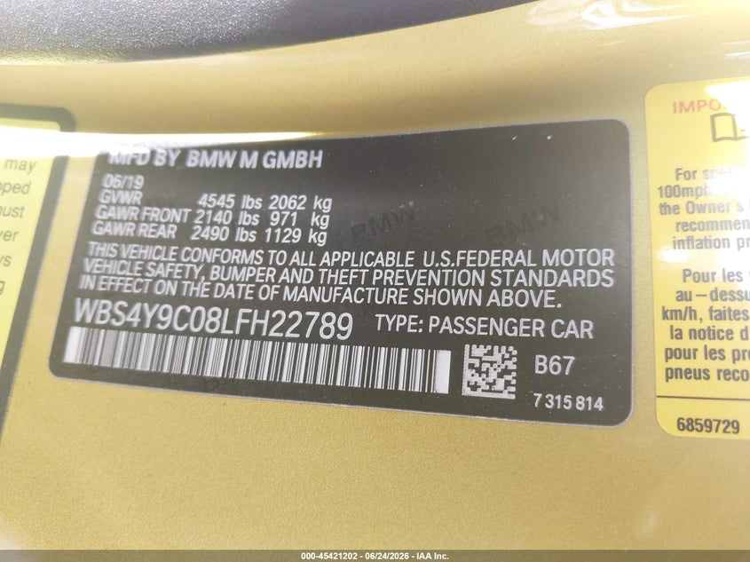 2020 BMW M4 VIN WBS4Y9C08LFH22789 IAAI salvage auction — SIDE, Salvage Title, sold $28,250 on 2026-08-02 (photo 9)