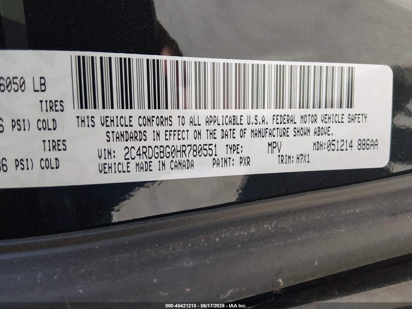 2017 Dodge Grand caravan VIN 2C4RDGBG0HR780551 IAAI salvage auction — NORMAL WEAR, SF97 (California), sold $7,350 on 2026-07-30 (photo 9)