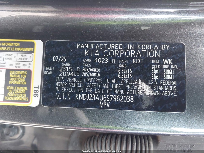 2025 Kia Soul VIN KNDJ23AU6S7962038 IAAI salvage auction — BIOHAZARD/CHEMICAL, Wait Title, sold $3,150 on 2026-09-05 (photo 9)