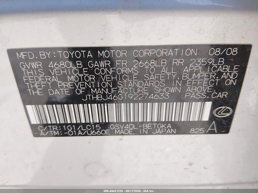 2009 Lexus Es 350 VIN JTHBJ46G192274633 IAAI salvage auction — NORMAL WEAR, Clear (New Mexico), sold $1,400 on 2026-07-06 (photo 9)