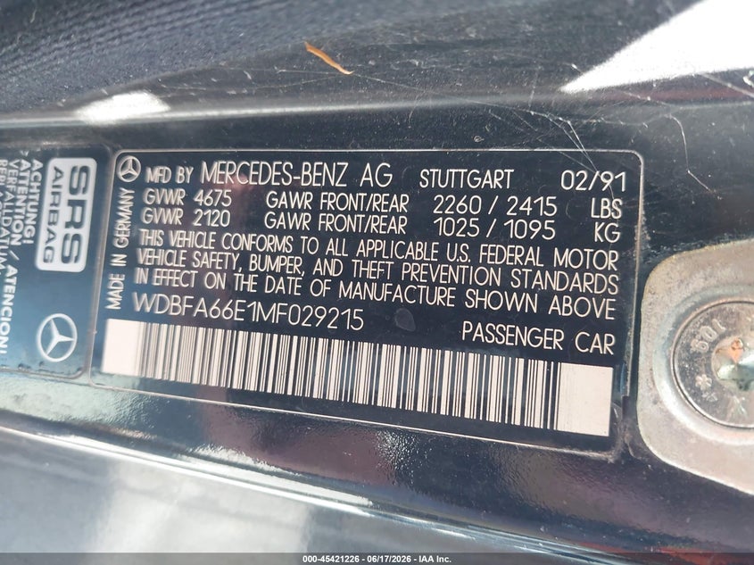 1991 Mercedes-benz 500 VIN WDBFA66E1MF029215 IAAI salvage auction — NORMAL WEAR, Salvage Title - Dealer (California), sold $5,800 on 2026-07-09 (photo 9)