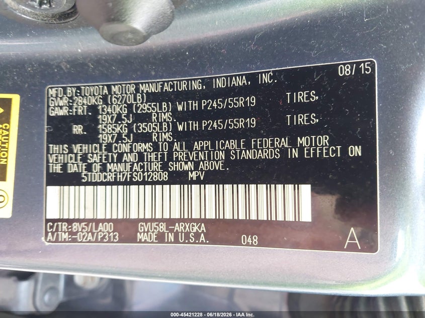 2015 Toyota Highlander VIN 5TDDCRFH7FS012808 IAAI salvage auction — BIOHAZARD/CHEMICAL, Salvage Title, sold $5,000 on 2026-07-31 (photo 9)