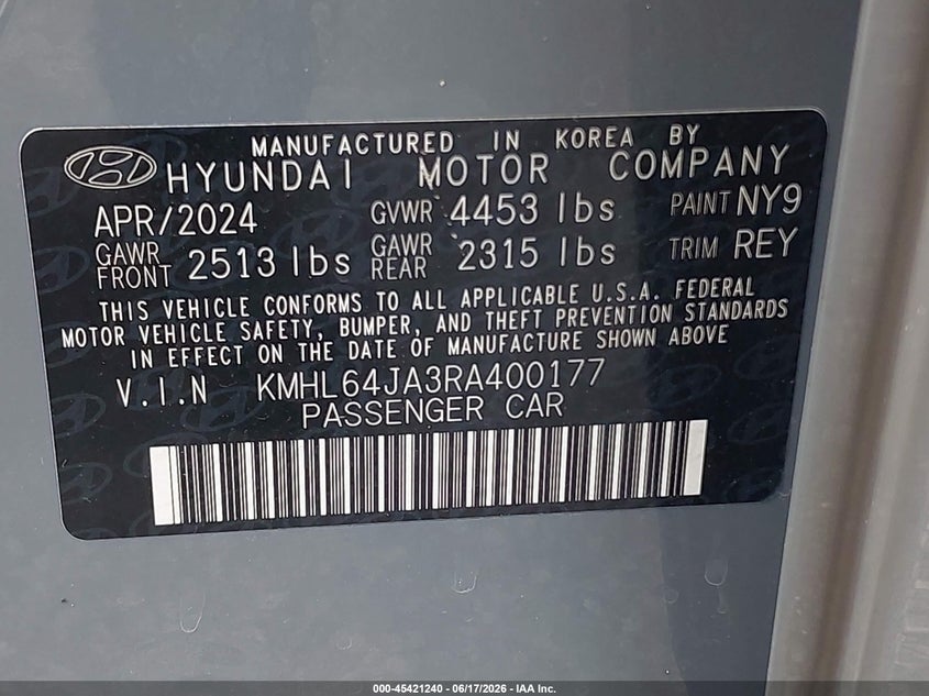 2024 Hyundai Sonata VIN KMHL64JA3RA400177 IAAI salvage auction — SIDE, Enterprise Vehicles Salvage (Arizona), sold $6,600 on 2026-07-16 (photo 9)