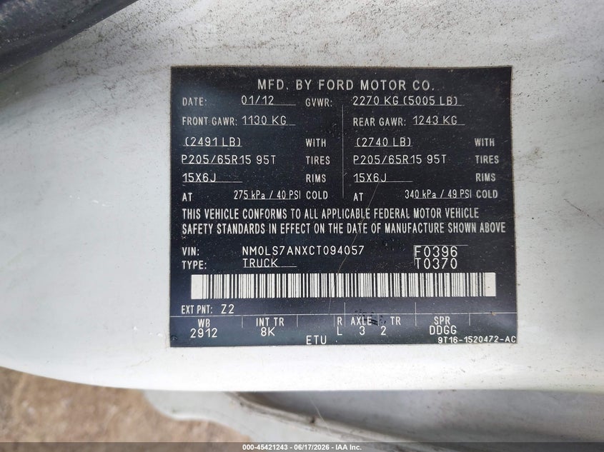 2012 Ford Transit connect VIN NM0LS7ANXCT094057 IAAI salvage auction — NORMAL WEAR, Clear (New Jersey), sold $425 on 2026-07-22 (photo 9)