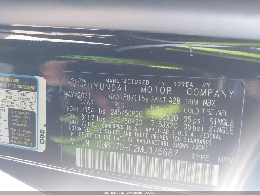 2021 Hyundai Palisade VIN KM8R7DHE2MU325687 IAAI salvage auction — FRONT END, Salvage (Kentucky), sold $6,900 on 2026-07-29 (photo 9)