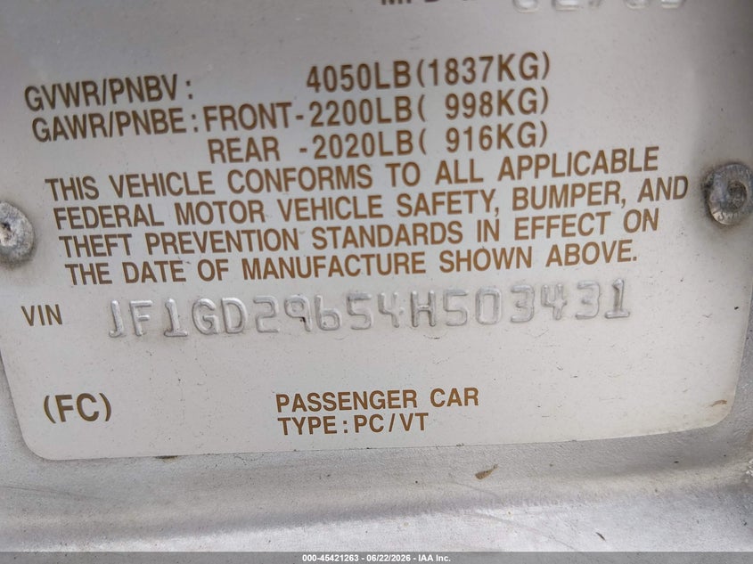 2004 Subaru Impreza VIN JF1GD29654H503431 IAAI salvage auction — SIDE, Clear (Virginia), sold $350 on 2026-08-02 (photo 9)