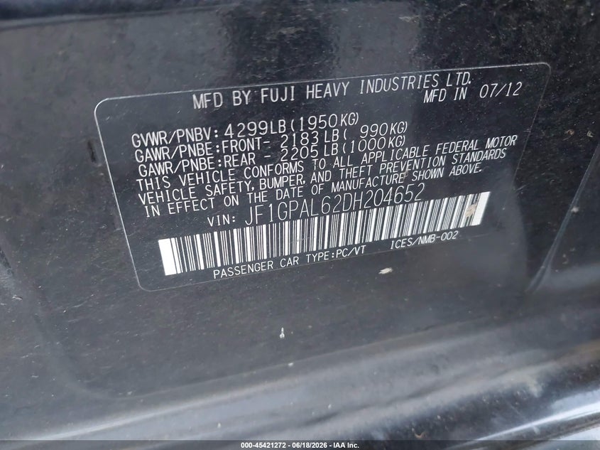 2013 Subaru Impreza VIN JF1GPAL62DH204652 IAAI salvage auction — NORMAL WEAR, Clear (Washington), sold $725 on 2026-07-16 (photo 9)