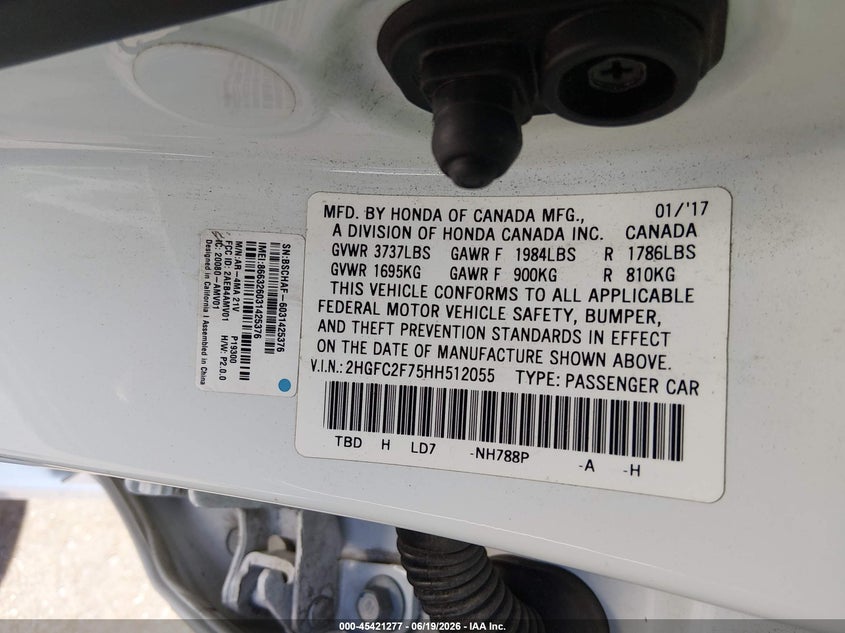 2017 Honda Civic VIN 2HGFC2F75HH512055 IAAI salvage auction — FRONT & REAR, Salvage Certificate (California), sold $3,850 on 2026-07-19 (photo 9)