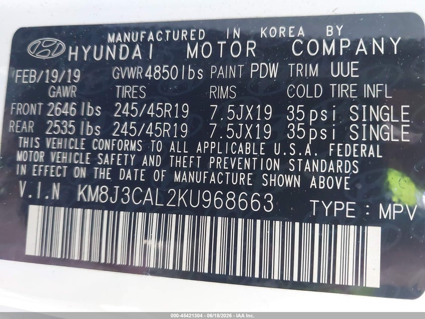 2019 Hyundai Tucson VIN KM8J3CAL2KU968663 IAAI salvage auction — FRONT END, Salvage Title, sold $2,050 on 2026-07-30 (photo 9)