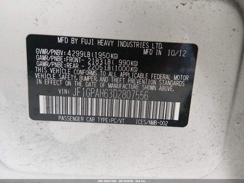2013 Subaru Impreza VIN JF1GPAH63D2807556 IAAI salvage auction — FRONT END, Salvage Title, sold $600 on 2026-07-28 (photo 9)