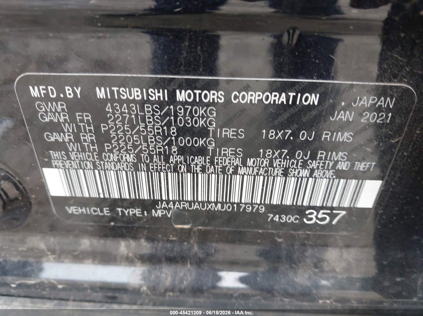 2021 Mitsubishi Outlander VIN JA4ARUAUXMU017979 IAAI salvage auction — FRONT END, Salvage (Georgia), sold $4,050 on 2026-07-11 (photo 9)