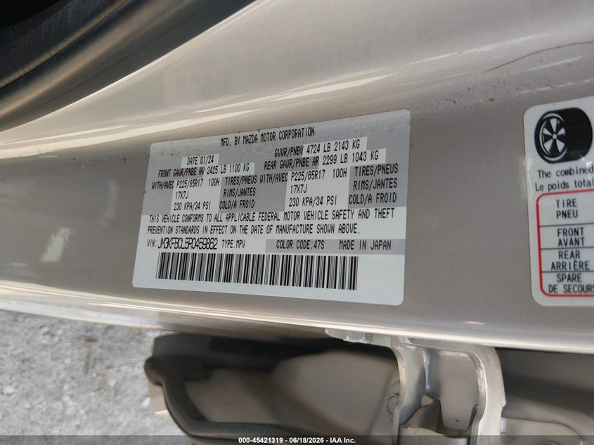 2024 Mazda Cx-5 VIN JM3KFBCL5R0459862 IAAI salvage auction — FRONT END, Salvage Title, sold $25 on 2026-07-31 (photo 9)