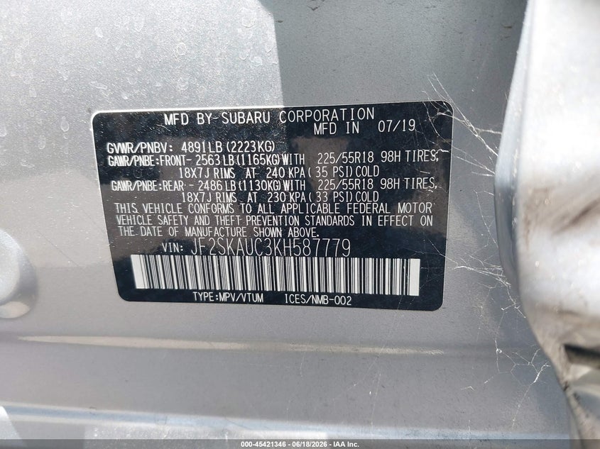 2019 Subaru Forester VIN JF2SKAUC3KH587779 IAAI salvage auction — LEFT FRONT, Salvage Title, sold $2,400 on 2026-07-31 (photo 9)
