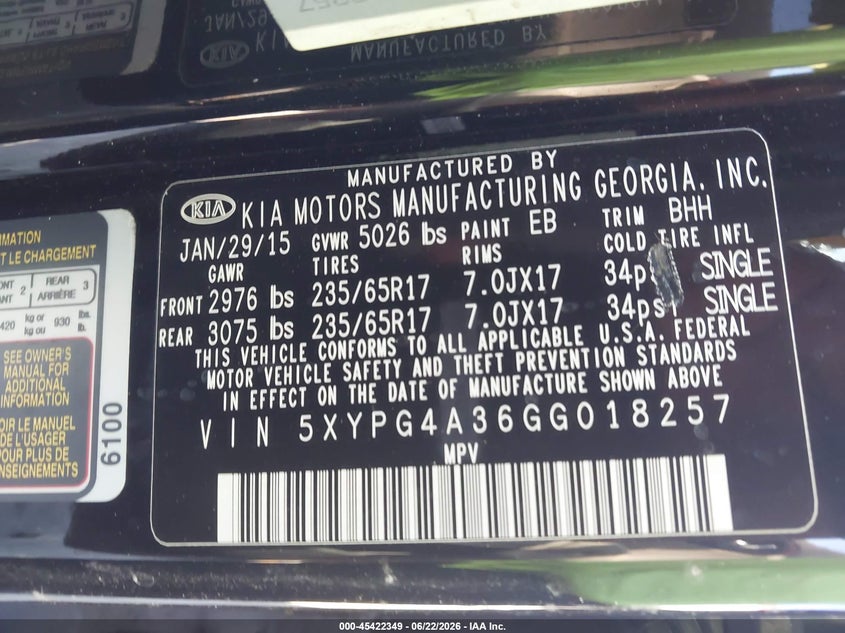 2016 Kia Sorento VIN 5XYPG4A36GG018257 IAAI salvage auction — ALL OVER, Rebuildable (Florida), sold $375 on 2026-07-29 (photo 9)