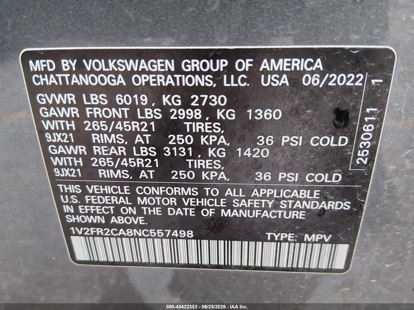 2022 Volkswagen Atlas VIN 1V2FR2CA8NC557498 IAAI salvage auction — FRONT END, Salvage (Kansas), sold $7,000 on 2026-07-29 (photo 9)