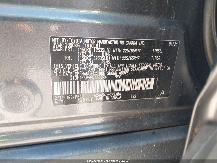 2021 Toyota Rav 4 VIN 2T3F1RFV4MC176874 IAAI salvage auction — FRONT END, Salvage Title, sold $7,100 on 2026-07-23 (photo 9)