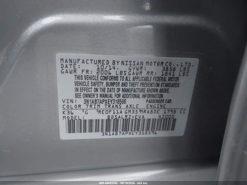 2014 Nissan Sentra VIN 3N1AB7APXEY318596 IAAI salvage auction — REAR END, Salvage Certificate (California), sold $900 on 2026-07-24 (photo 9)