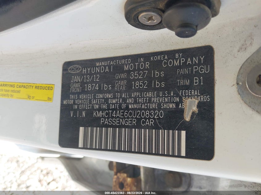 2012 Hyundai Accent VIN KMHCT4AE6CU208320 IAAI salvage auction — NORMAL WEAR, Clear (Illinois), sold $400 on 2026-07-22 (photo 9)