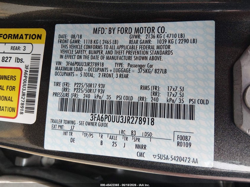 2018 Ford Fusion VIN 3FA6P0UU3JR278918 IAAI salvage auction — NORMAL WEAR, Sf97 (California), sold $9,700 on 2026-07-28 (photo 9)