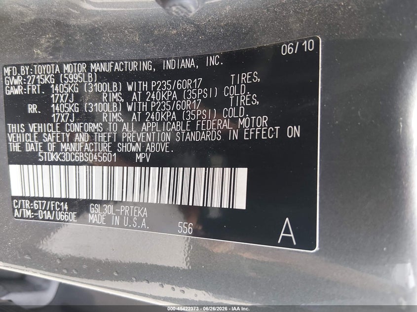 2011 Toyota Sienna VIN 5TDKK3DC6BS045601 IAAI salvage auction — ENGINE BURN, Salvage (Indiana), sold $325 on 2026-07-28 (photo 9)