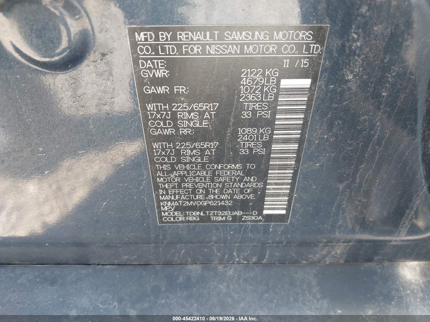2016 Nissan Rogue VIN KNMAT2MV0GP621432 IAAI salvage auction — NORMAL WEAR, Salvage Title, sold $1,000 on 2026-07-28 (photo 9)