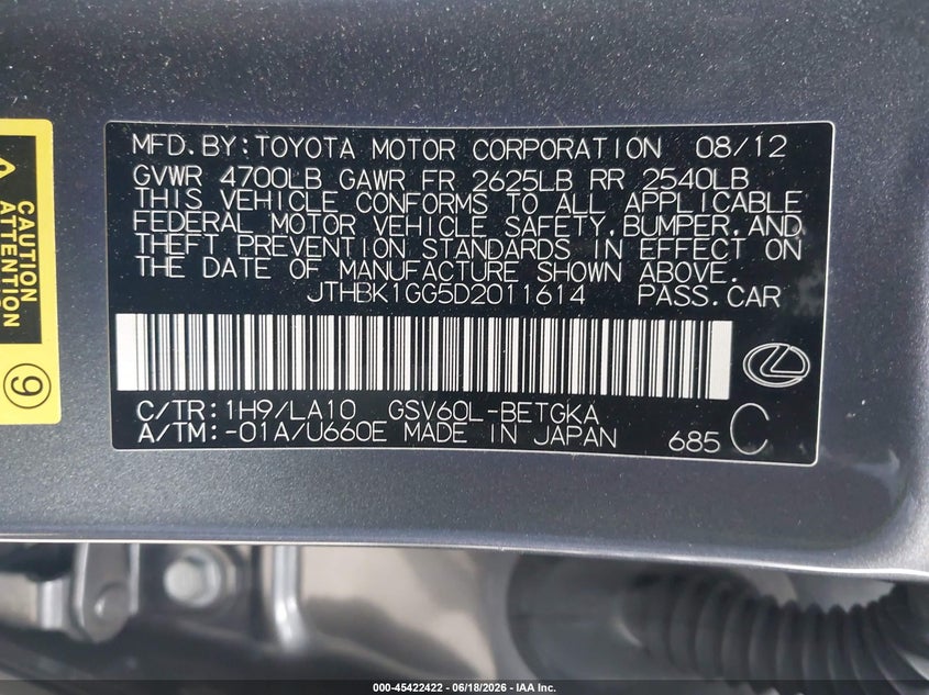 2013 Lexus ES VIN JTHBK1GG5D2011614 IAAI salvage auction — RIGHT FRONT, Salvage Title, sold $3,950 on 2026-07-18 (photo 9)
