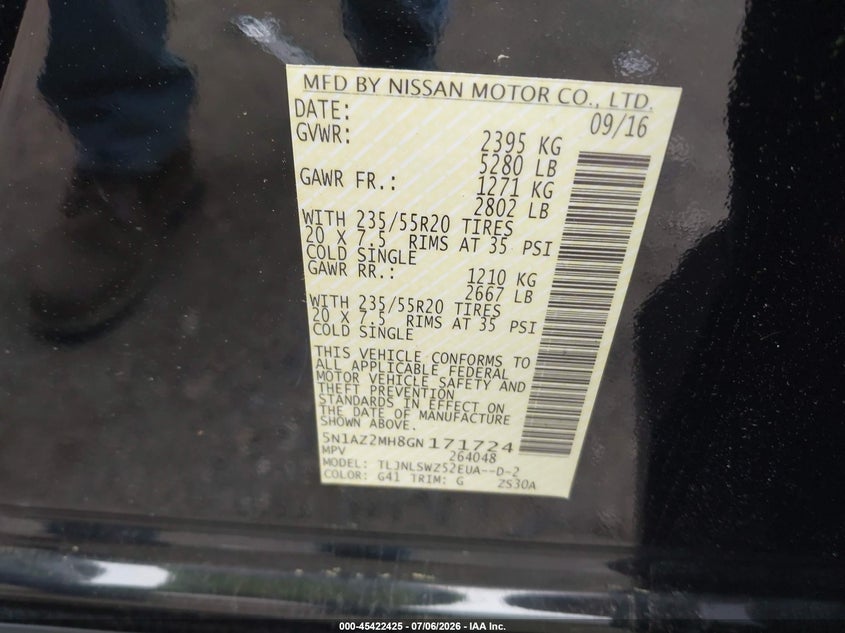 2016 Nissan Murano VIN 5N1AZ2MH8GN171724 IAAI salvage auction — SIDE, Clear (Massachusetts), sold $1,700 on 2026-07-09 (photo 9)
