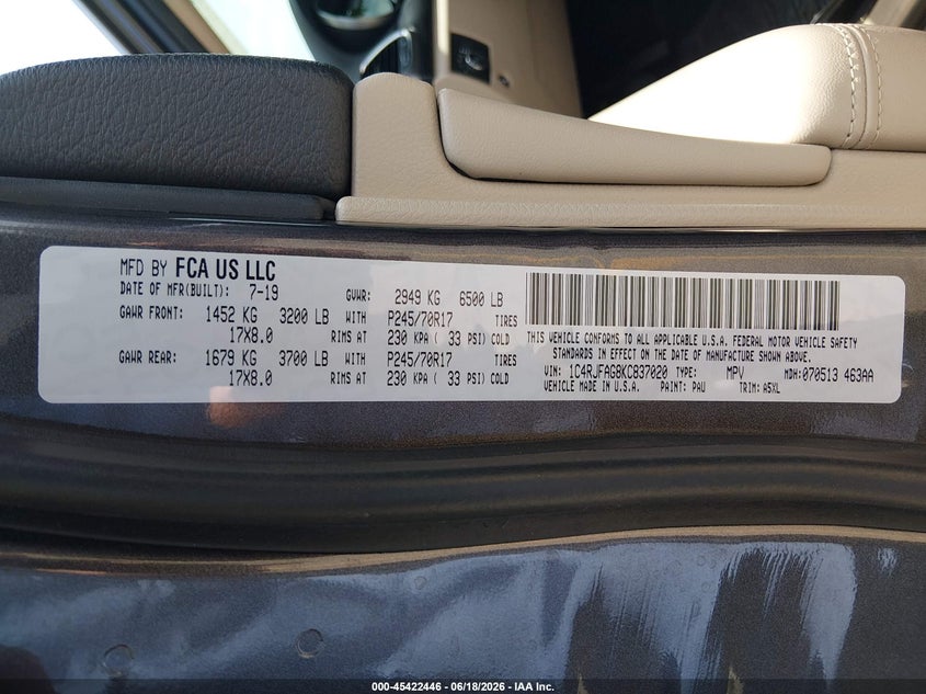 2019 Jeep Grand cherokee VIN 1C4RJFAG8KC837020 IAAI salvage auction — LEFT SIDE, SF97 (California), sold $4,150 on 2026-09-10 (photo 9)