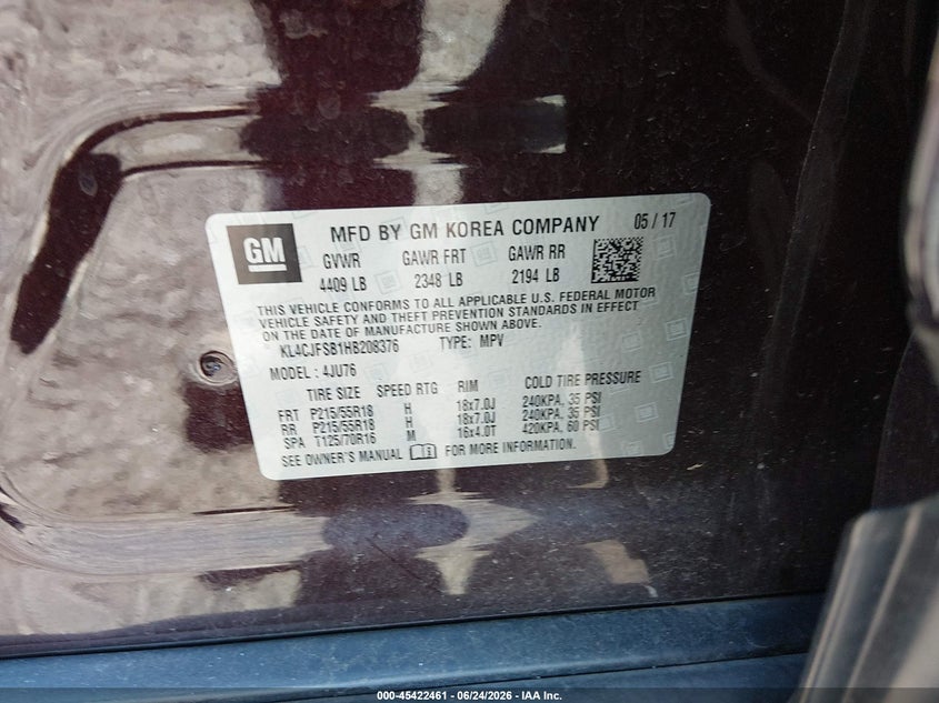 2017 Buick Encore VIN KL4CJFSB1HB208376 IAAI salvage auction — RIGHT FRONT, Salvage (Pennsylvania), sold $2,350 on 2026-07-14 (photo 9)