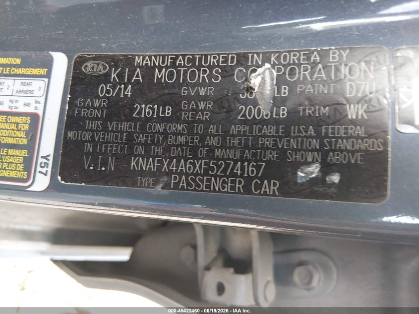 2015 Kia Forte VIN KNAFX4A6XF5274167 IAAI salvage auction — FRONT END, Salvage Title, sold $500 on 2026-07-29 (photo 9)