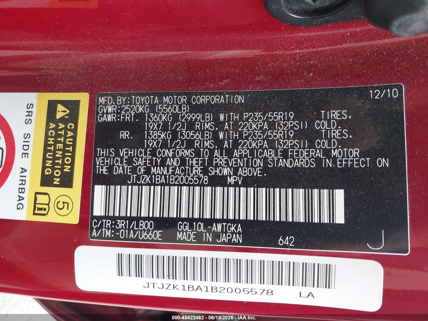 2011 Lexus Rx 350 VIN JTJZK1BA1B2005578 IAAI salvage auction — RIGHT FRONT, Salvage (Arizona), sold $1,100 on 2026-07-29 (photo 9)