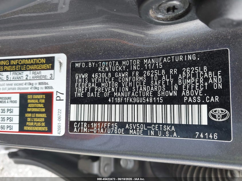 2016 Toyota Camry VIN 4T1BF1FK9GU548115 IAAI salvage auction — RIGHT SIDE, Salvage Title, sold $3,050 on 2026-07-28 (photo 9)