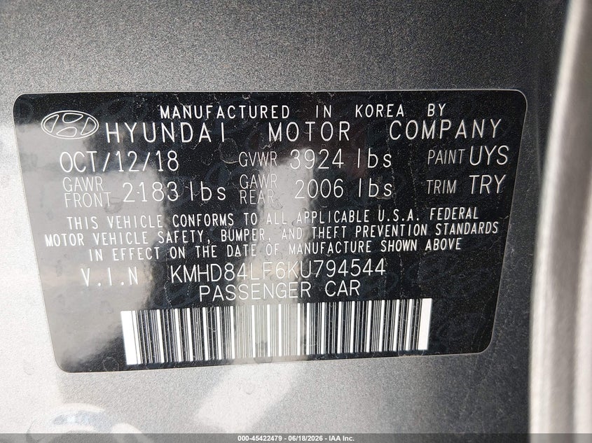 2019 Hyundai Elantra VIN KMHD84LF6KU794544 IAAI salvage auction — FRONT & REAR, Salvage (Utah), sold $1,600 on 2026-08-01 (photo 9)
