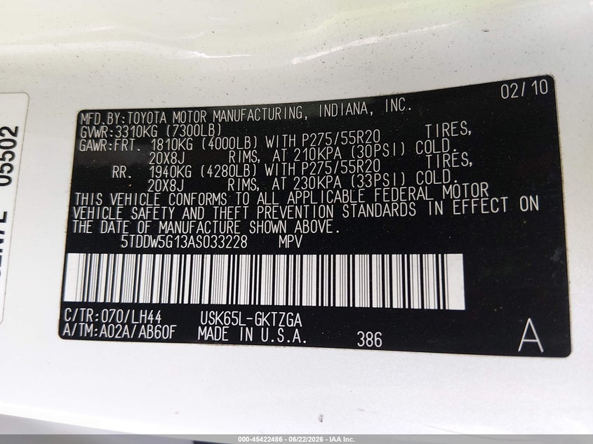 2010 Toyota Sequoia VIN 5TDDW5G13AS033228 IAAI salvage auction — REAR END, Salvage (Tennessee), sold $3,800 on 2026-07-09 (photo 9)