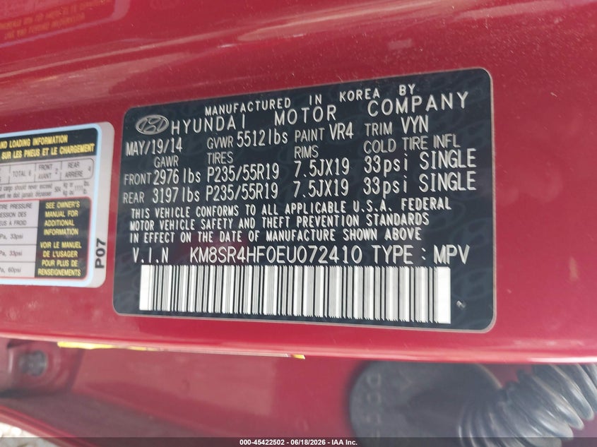 2014 Hyundai Santa fe VIN KM8SR4HF0EU072410 IAAI salvage auction — ALL OVER, Salvage (Georgia), sold $2,050 on 2026-07-21 (photo 9)