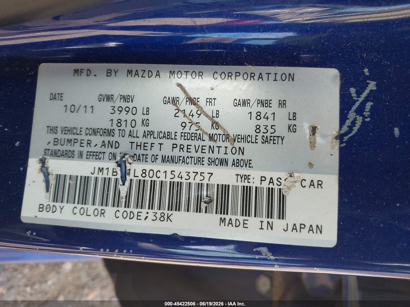 2012 Mazda 3 VIN JM1BL1L80C1543757 IAAI salvage auction — ROLLOVER, Salvage Title, sold $825 on 2026-07-14 (photo 9)