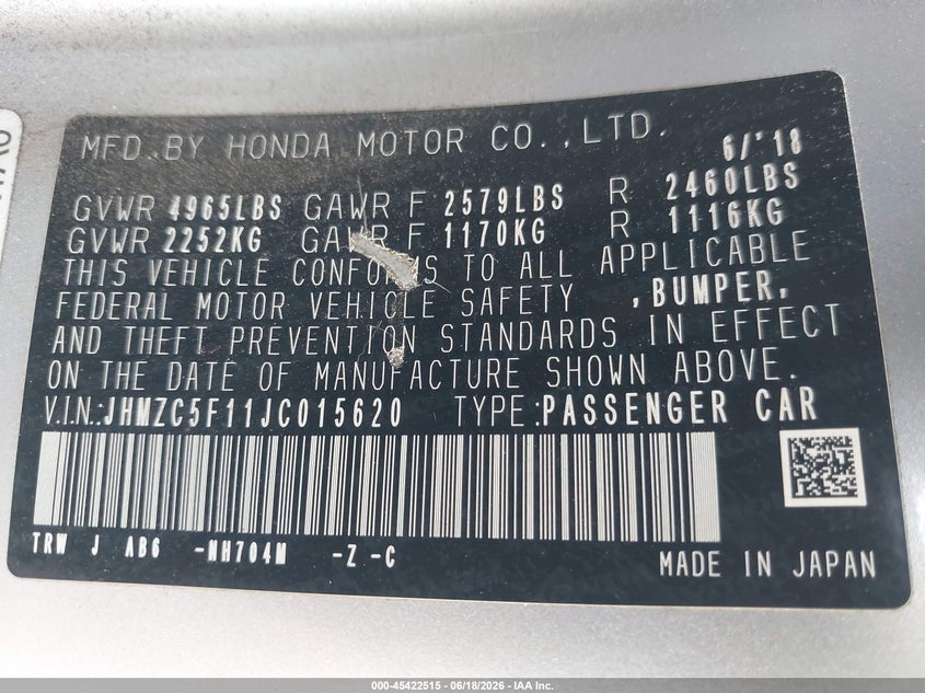 2018 Honda Clarity VIN JHMZC5F11JC015620 IAAI salvage auction — FRONT END, Salvage Title, sold $725 on 2026-07-29 (photo 9)