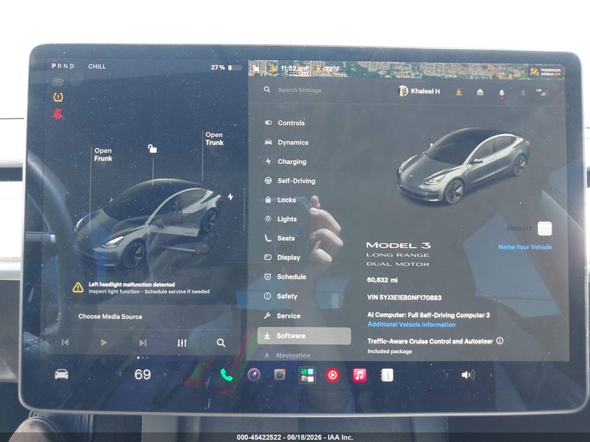 2022 Tesla Model 3 VIN 5YJ3E1EB0NF170883 IAAI salvage auction — LEFT FRONT, Salvage Title, sold $11,950 on 2026-09-06 (photo 7)