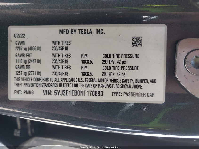 2022 Tesla Model 3 VIN 5YJ3E1EB0NF170883 IAAI salvage auction — LEFT FRONT, Salvage Title, sold $11,950 on 2026-09-06 (photo 9)