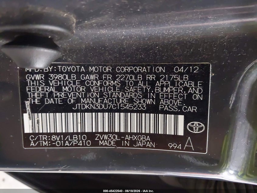 2012 Toyota Prius VIN JTDKN3DU7C1545233 IAAI salvage auction — FRONT END, Salvage (Iowa), sold $675 on 2026-07-21 (photo 9)