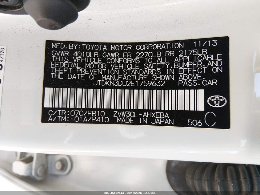 2014 Toyota Prius VIN JTDKN3DU2E1759632 IAAI salvage auction — FRONT END, Salvage (California), sold $2,550 on 2026-07-15 (photo 9)
