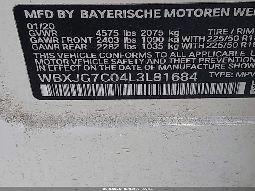 2020 BMW X1 VIN WBXJG7C04L3L81684 IAAI salvage auction — SIDE, Salvage Title, sold $6,200 on 2026-08-02 (photo 9)