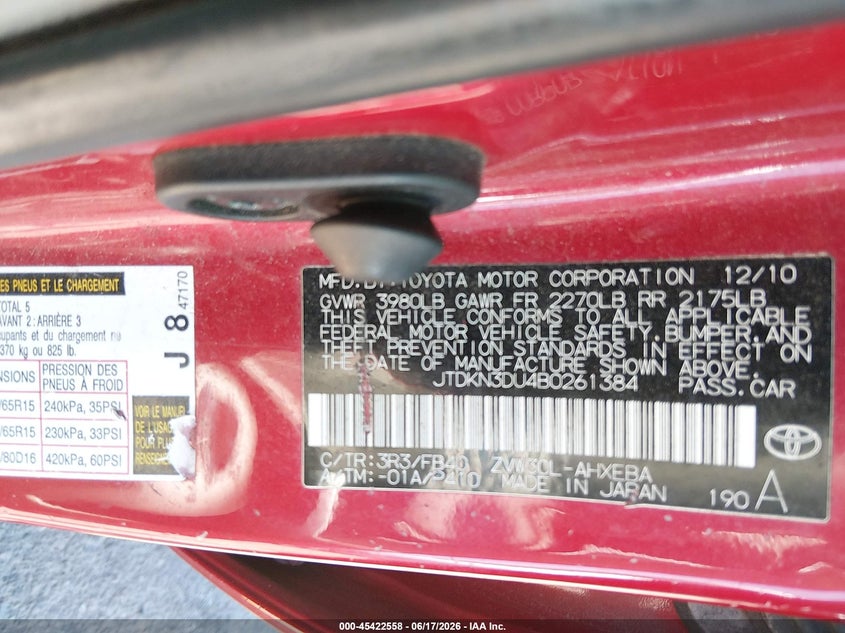 2011 Toyota Prius VIN JTDKN3DU4B0261384 IAAI salvage auction — NORMAL WEAR, Clear (Washington), sold $750 on 2026-07-24 (photo 9)