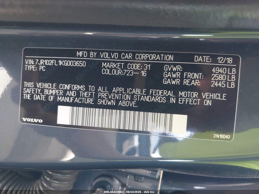 2019 Volvo S60 VIN 7JR102FL1KG003650 IAAI salvage auction — REAR END, Salvage Title, sold $2,975 on 2026-07-22 (photo 9)