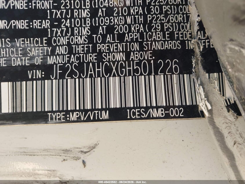 2016 Subaru Forester VIN JF2SJAHCXGH501226 IAAI salvage auction — SIDE, Salvage Title, sold $3,650 on 2026-07-31 (photo 9)