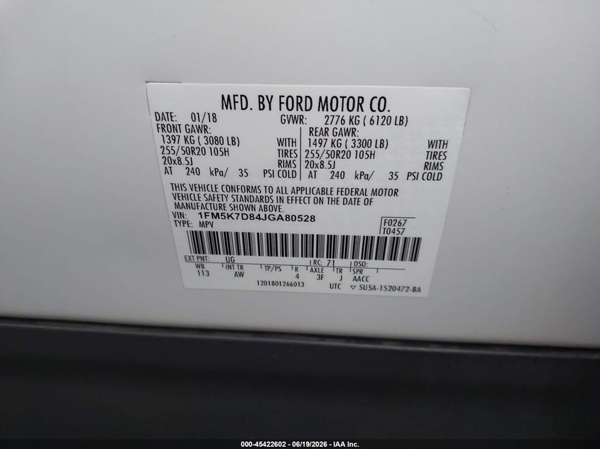 2018 Ford Explorer VIN 1FM5K7D84JGA80528 IAAI salvage auction — LEFT REAR, Salvage Title, sold $2,250 on 2026-07-24 (photo 9)