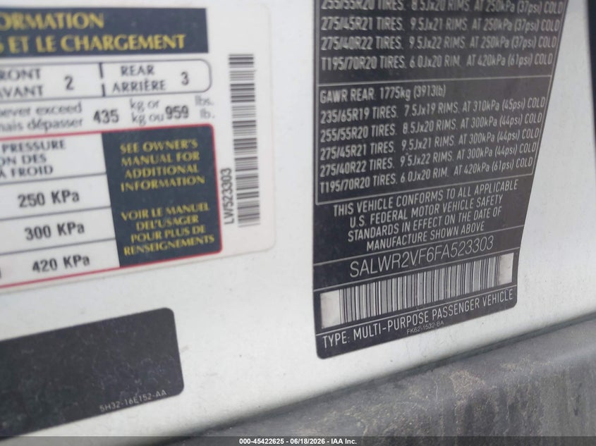 2015 Land rover Range rover sport VIN SALWR2VF6FA523303 IAAI salvage auction — UNKNOWN, Salvage (Pennsylvania), sold $3,575 on 2026-07-10 (photo 9)