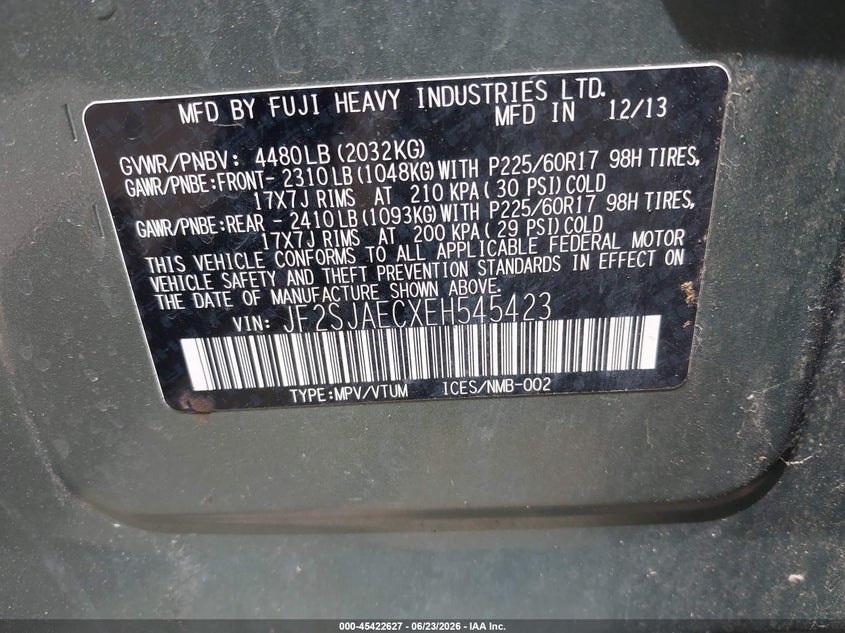 2014 Subaru Forester VIN JF2SJAECXEH545423 IAAI salvage auction — HAIL, Salvage (Ohio), sold $1,875 on 2026-07-07 (photo 9)