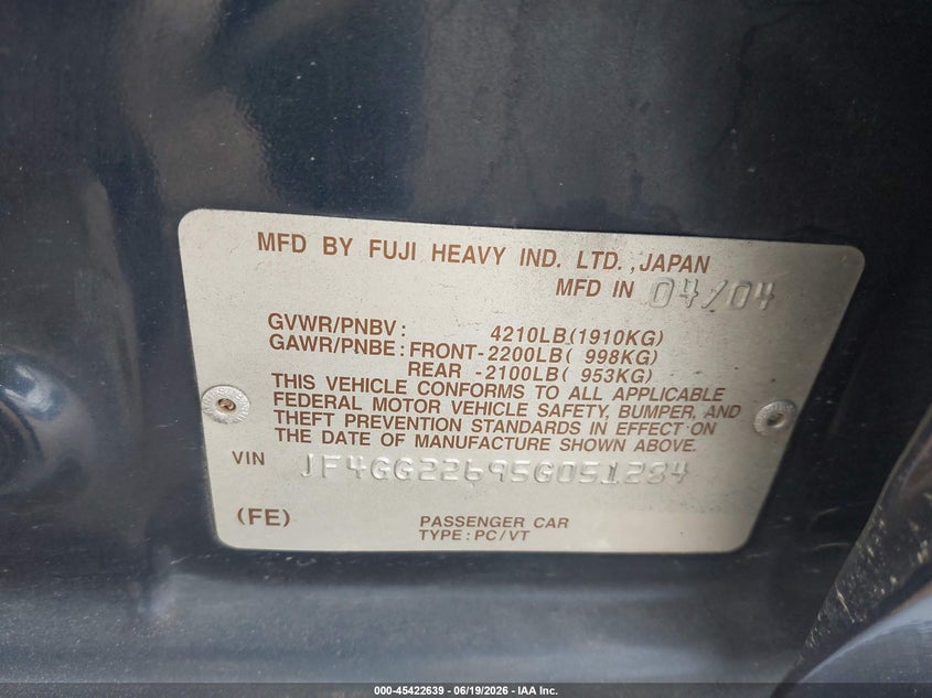 2005 Saab 9-2 VIN JF4GG22695G051284 IAAI salvage auction — RIGHT SIDE, Salvage (California), sold $250 on 2026-07-15 (photo 9)